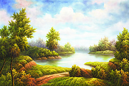 湖光歐美唯美風景油畫無框畫裝飾畫專用