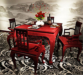 中式紅色餐桌椅3D模型素材