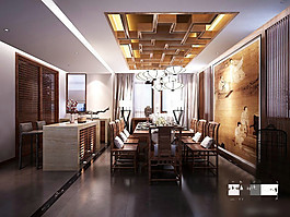 中式餐廳餐桌椅吧臺(tái)組合3D模型素材