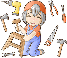 可愛木工女孩和工具矢量素材.