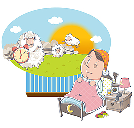 卡通失眠男子數羊插畫矢量素材