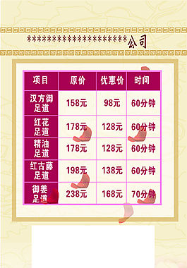 足浴价目表