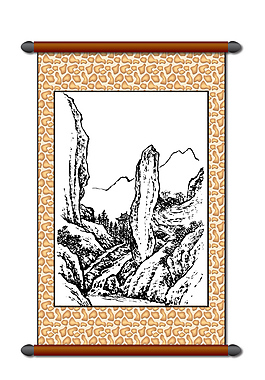 白描中國風山水卷軸畫