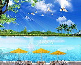 藍天白云海水海報