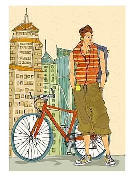 建筑高樓男孩與自行車(chē)
