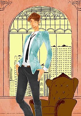 白描建筑背景高挑男孩圖