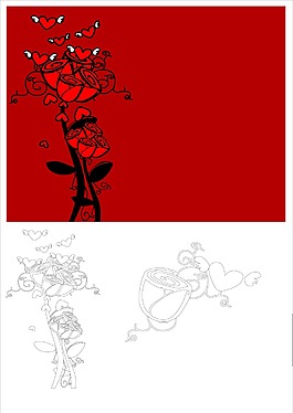 紅色元素玫瑰花線條AI文件