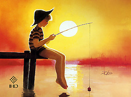 小朋友釣魚掛畫