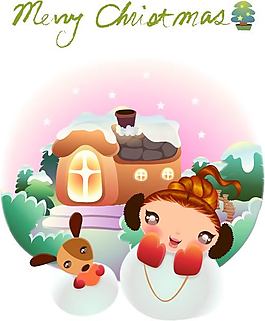 卡通小女孩看雪景