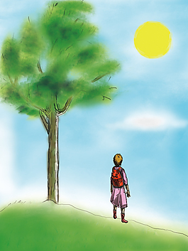 一個女孩在小山坡上眺望遠方