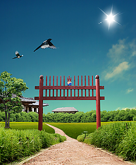 藍(lán)天白云綠草地素材PSD下載