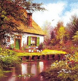 農(nóng)村河邊小屋唯美風景油畫素材