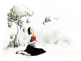 手绘大树小鸟与美女插画psd素材