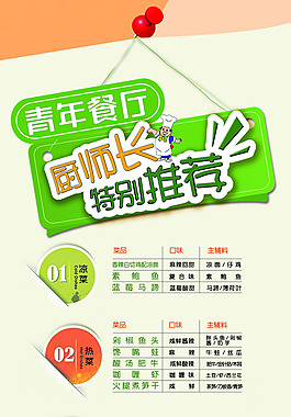 青年餐廳廚師長推薦菜單psd素材