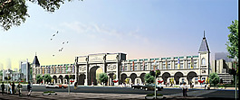 临街建筑与行人效果图psd分层素材