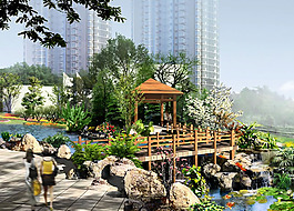 小区住宅楼与亭台水榭景观设计效果图