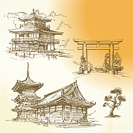 手繪古代建筑矢量素材