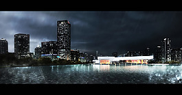 雨夜湖畔建筑景觀PSD分層素材
