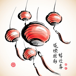 水墨紅燈籠矢量素材