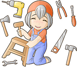木工女孩和工具矢量素材