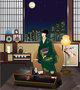 矢量品茶美女