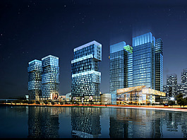 海边的夜景大楼