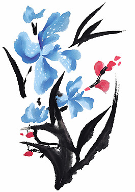 蓝色牡丹水墨画