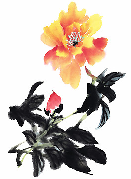 黄色牡丹水墨画
