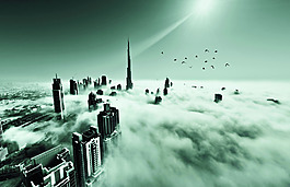 科幻大氣天空云海建筑現代都市