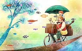 父子騎車撐傘油畫圖