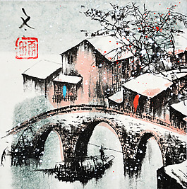 江南小鎮斷橋殘雪冬季唯美風景油畫