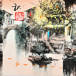 江南小鎮小橋流水秋季風景唯美油畫