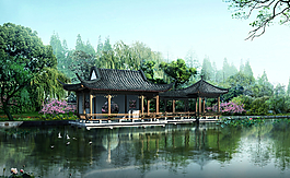 湖边凉亭图片