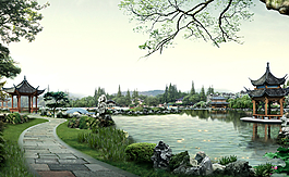 公園水中涼亭圖片