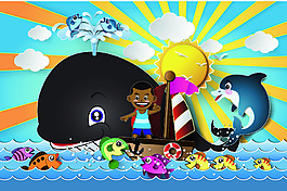 卡通航海兒童和魚
