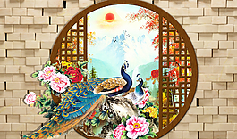 孔雀仿古3D背景電視墻畫圖片