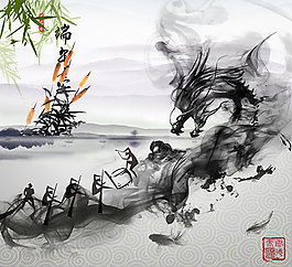 水墨端午節(jié)賽龍舟圖片psd素材下載