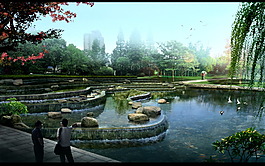 跌水水景效果圖psd模版
