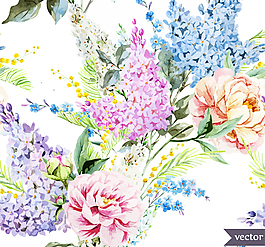 水彩丁香花与牡丹花