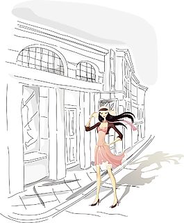 時尚美女逛街矢量素材