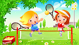 可愛(ài)卡通   兒童網(wǎng)球運(yùn)動(dòng)  矢量素材