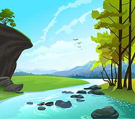 卡通山水画矢量素材