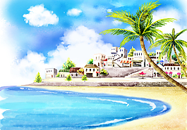 清涼夏日沙灘風景插畫圖片