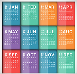 2016彩色長(zhǎng)方形年歷矢量圖