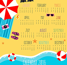 2016年夏日沙灘年歷矢量素材