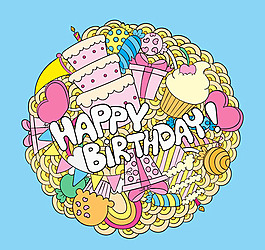 卡通元素圓形生日賀卡矢量素材下載