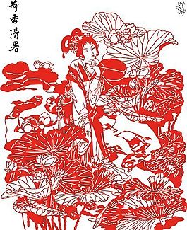 矢量仕女線描圖—荷香清暑 cdr格式