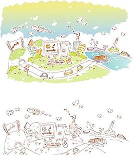 漫畫風景 幻想世界 矢量素材 AI_005
