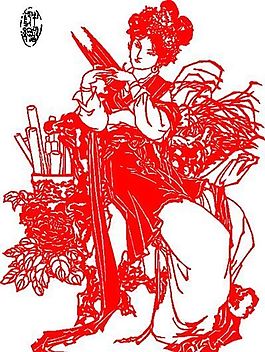 弄簫 仕女線描圖 矢量CDR