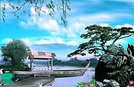 迎客松山水風景插畫分層素材